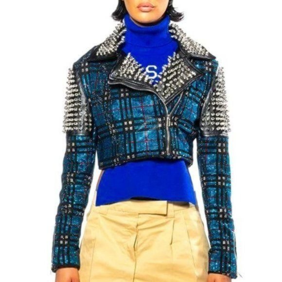 Callie Berry Bling: Teal Plaid Rhinestone Silver Studded Black Moto Jacket - Picture 3 of 12